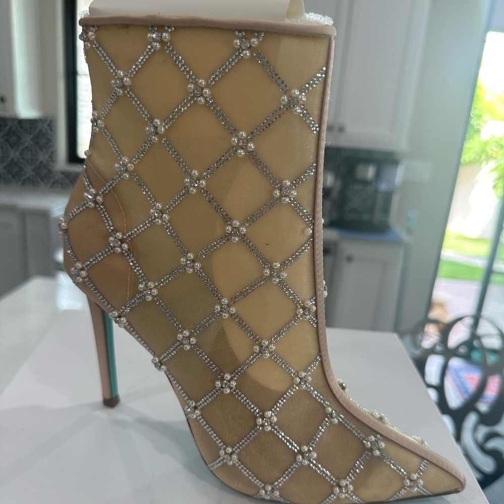 Betsey Johnson Beige Crystal-Embellished Pointed Ankle Bootie - Picture 7 of 10